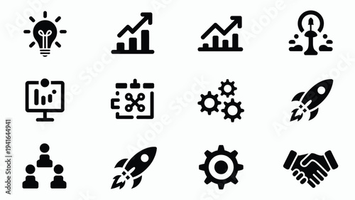 Business strategy icons set growth teamwork innovation and success concepts