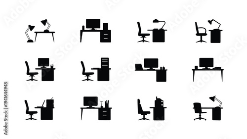 Set of office desk and chair vector graphics with computer and lamp various workplace setups