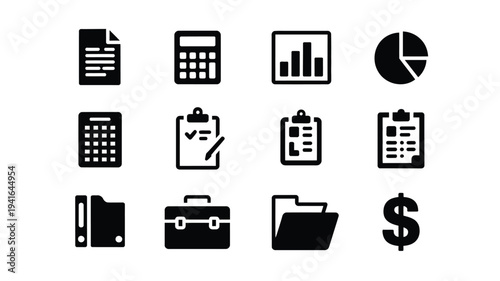 Business finance icons set including calculator chart clipboard briefcase money and documents on white background for office accounting and economy concepts