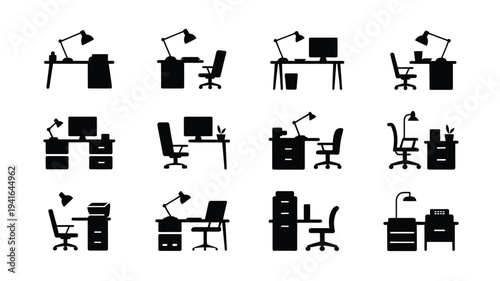 Collection of office desks with lamps and computers in black silhouette on white background for workspace concepts