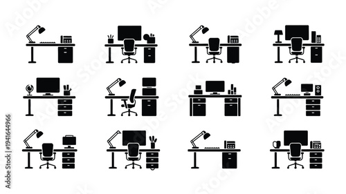 Vector illustration of various office workstations with desks chairs lamps and computers in black on white background