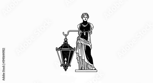 Classic sculpture of a woman holding a lantern with a lit flame