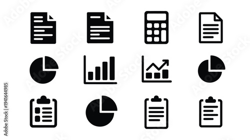 Business finance icons set with charts documents and calculator on white background for financial analysis and planning