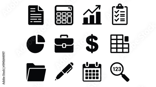 Business finance icons set with calculator chart dollar sign and calendar on white background