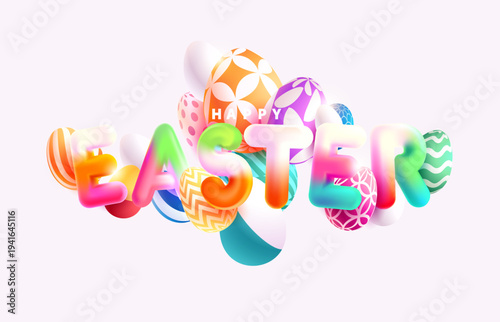 Easter greeting card with 3D holiday inscription and decorative 3D glass eggs. Festive colorful banner