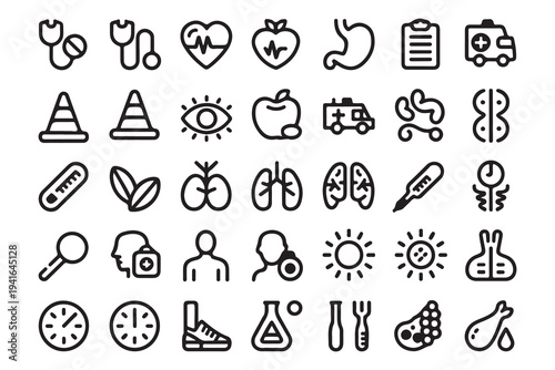 Collection of medical and health related icons for services and wellness in simple line style
