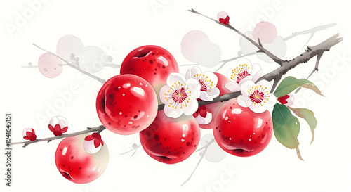 Vibrant Red Ume Plums and Delicate White Blossoms on a Branch in Watercolor Style