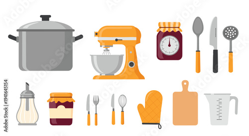 Variety of common kitchen essentials includes a large pot, stand mixer, jars of jam, cutting board, measuring cup, and various utensils.
