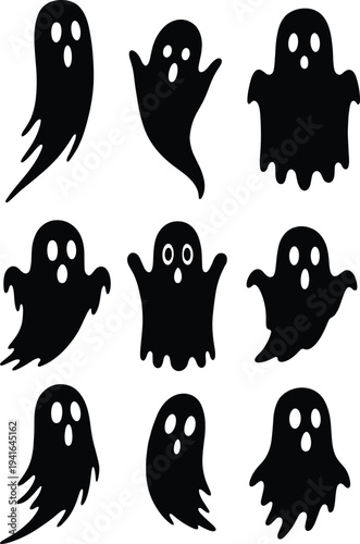 Collection of spooky ghost silhouettes set isolated on white background, cute Halloween spirit characters, cartoon phantom shapes bundle for decoration, sticker design, party graphics