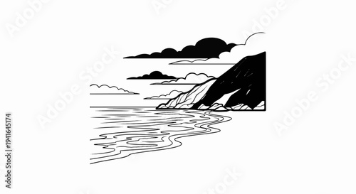 Coastal view with dark mountains, water, and clouds in a graphic style