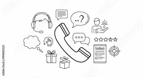 Collection of customer service icons headset, phone, speech bubbles, gift, stars, feedback form