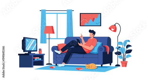 Man relaxes comfortably on a blue sofa in a living room while using a digital tablet with a cat sleeping on the rug nearby.