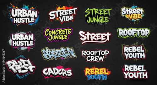 Collection of urban and street-themed graffiti designs with bold lettering and vibrant colors.