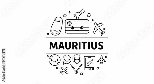 Cute outline icons represent travel to Mauritius with cute plane, food, and device symbols