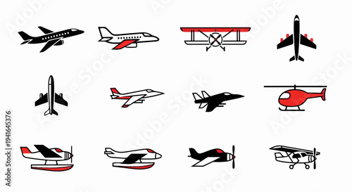 Collection of diverse aircraft icons including jets, biplanes, helicopters, and seaplanes