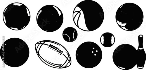 Collection of diverse athletic balls and a bowling pin