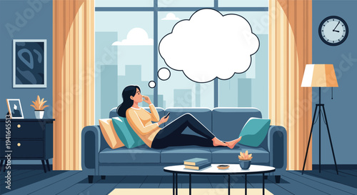 Woman lies relaxed on a blue sofa in a modern apartment while a large white thought bubble appears above her head.