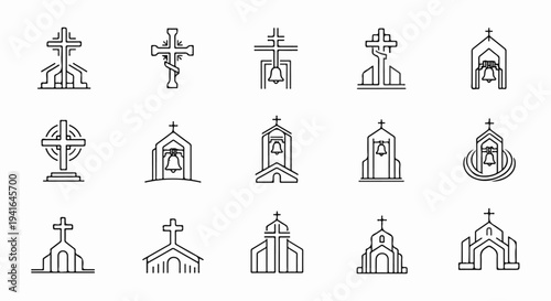 Collection of stylized crosses and bell towers symbolizing religious structures