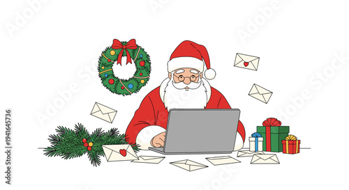 Santa Claus using a laptop at his desk surrounded by Christmas gifts, envelopes, and a festive holiday wreath on a white background.