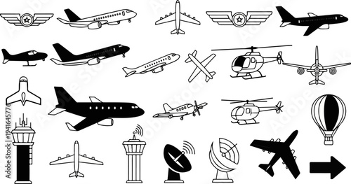 Collection of various aircraft, radar, and air traffic control tower icons