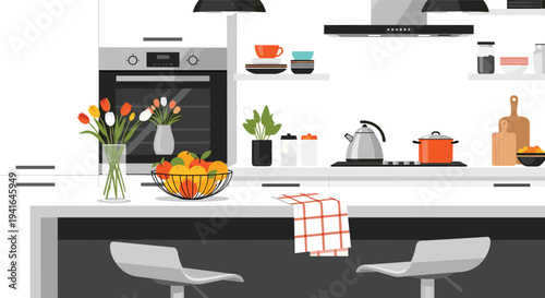 Bright and modern kitchen interior with white cabinets, breakfast bar, stools, fruit basket, and fresh flowers in a clean flat design.