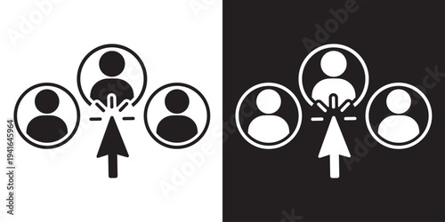 Digital user selection icon with arrow cursor. Mouse clicking on a profile avatar among a group of people. Represents user management, account selection, or online recruitment process.