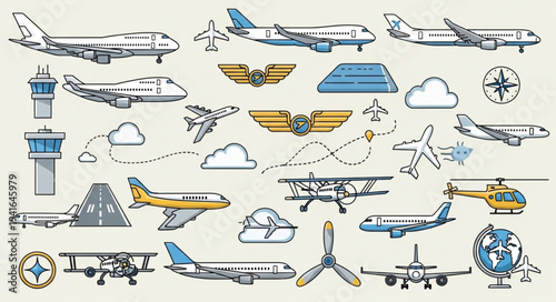 Collection of Aviation and Airplane Related Vector Illustrations.