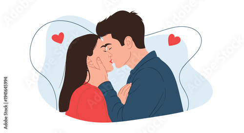 Romantic couple kissing with red heart shapes and soft abstract backgrounds symbolizing love, intimacy, and a happy relationship.