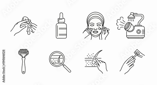 Cosmetic and skin care illustrations showing tools and procedures