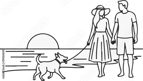 Couple and dog walking on beach at sunset