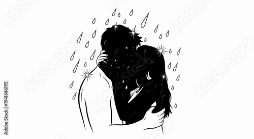 Couple embracing and kissing in the rain with sparkling highlights