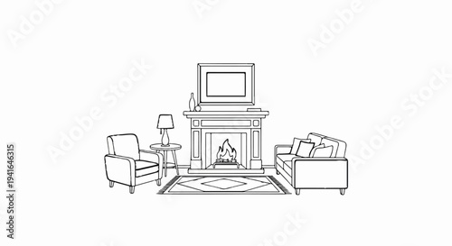 Cozy living room scene with fireplace, sofa, armchair, and lamp