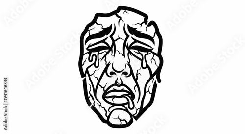 Cracked mask with crying eyes and dripping mouth, conveying sadness