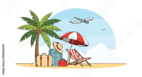 Tropical beach vacation scene with a palm tree, beach chair, umbrella, suitcases, and an airplane flying in the clear blue sky above.