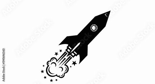 Black rocket launching with exhaust trails and stars against white