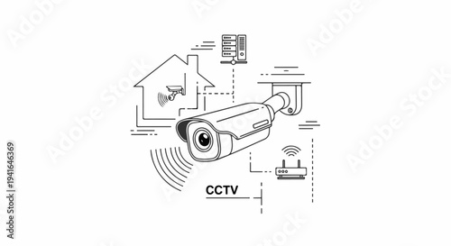 Diagram illustrating a home security system with camera, router, and server components