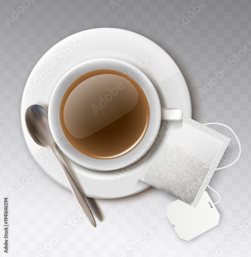 3d realistic vector illustration. Black tea mockup. White cup with tea and tea bag with tag. Isolated. Top view.