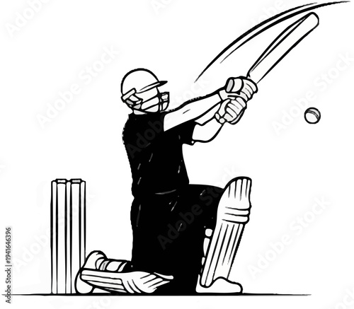 Cricket player in action, swinging bat, ball in air, wickets present