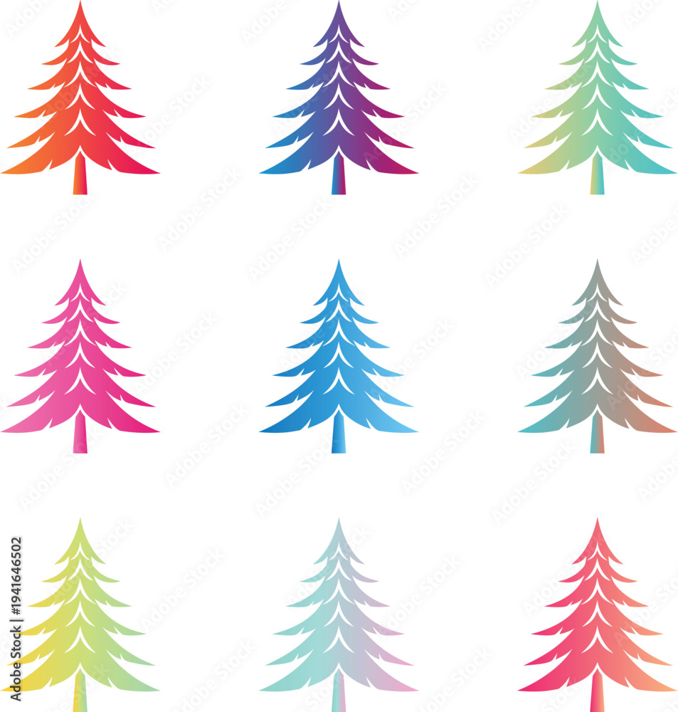 Obraz premium Colorful Fir Tree Collection, Evergreen Conifer Vector Set, Seasonal Pine Graphics