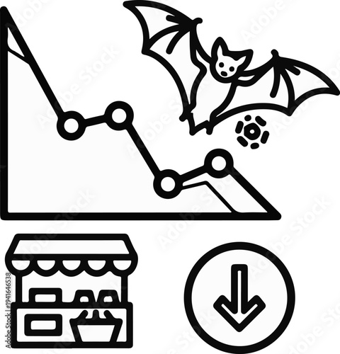Bat-shaped virus impacts market decline, indicated by falling trend