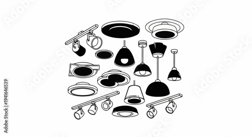 Diverse collection of black and white illustrations of various ceiling lights