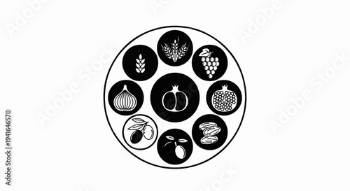 Diverse collection of seven agricultural products arranged in a circle