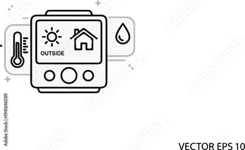 Digital weather station displays outdoor temperature, house icon, and rain droplet
