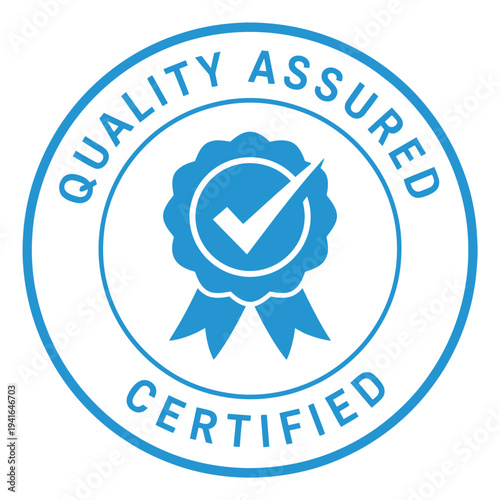 Quality Assured Badge Icon Vector Blue Certified Seal for Product Guarantee and Business Certification