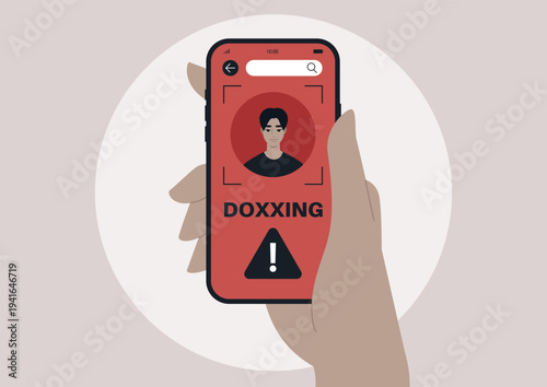 A hand holds a mobile phone displaying a striking doxxing profile, Bright red alert symbols emphasize the dangers of privacy invasion in the digital world, Awareness grows about personal safety.