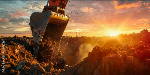 A tracked excavator works on a construction site at sunset, lifting and shifting soil with its bucket. The concept of earthworks and construction.