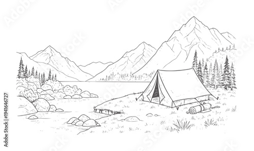 Hand drawn camping scene with tent by lake and mountains nature