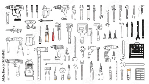 Industrial Hand Tools Icon Set – Drill, Vernier Caliper and Wrench Vector