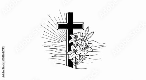Christian cross with lilies and sunrise over rolling hills