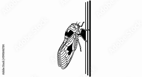 Black and white drawing of a cicada clinging to three vertical lines